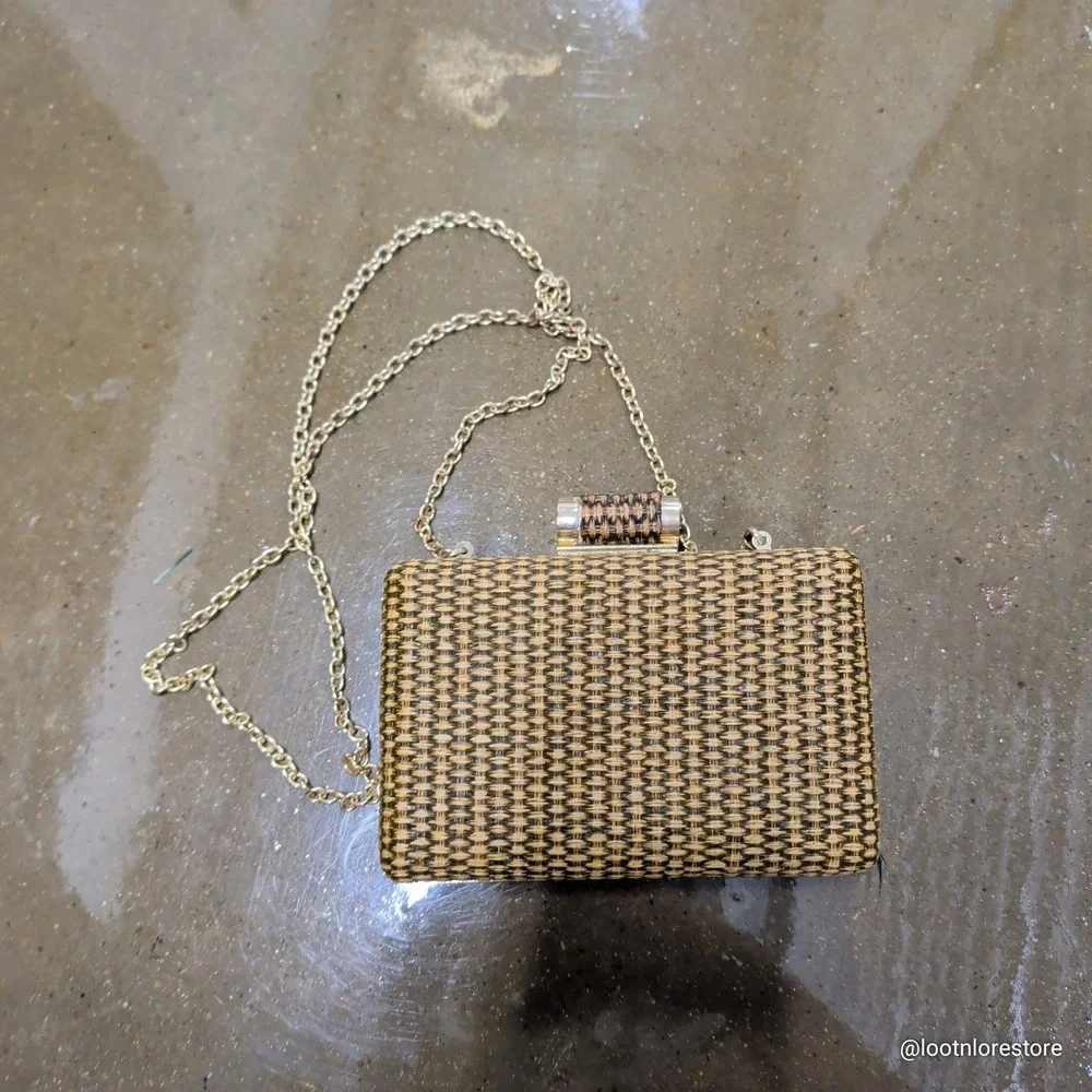Miztique Woven Straw‎ Box Clutch Crossbody Bag Tan Black Small Gold Chain Strap
